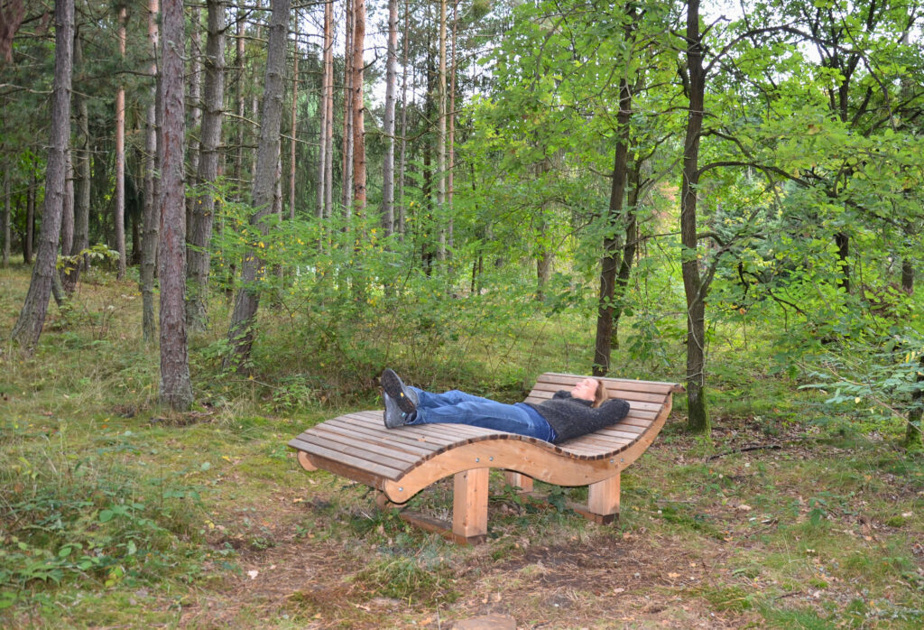 Frau liegt entspannt im Wald auf einer Holzliege