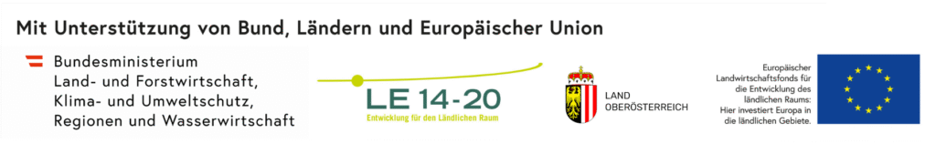 Logos des Bundesministeriums für Land- und Forstwirtschaft, Klima- und Umweltschutz, Regionen und Wasserwirtschaft, des Landes Oberösterreich und des Europäischen Landwirtschaftsfonds
