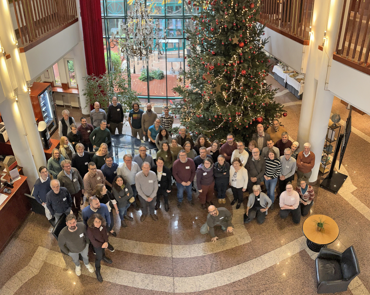 Gruppenfoto der Teilnehmer:Innen in einer Halle vor einem großen Weihnachtsbaum