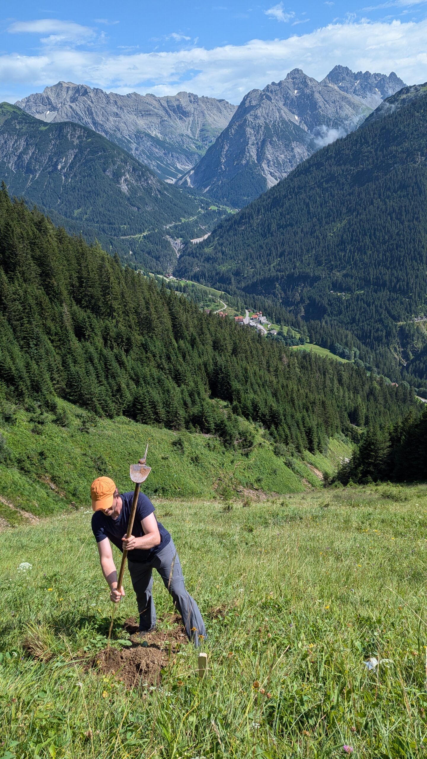 Auf dem Bild ist eine Berglandschaft und ein Mensch zu sehen, der mit einer Hacke ein Loch in die Wiese schlägt.