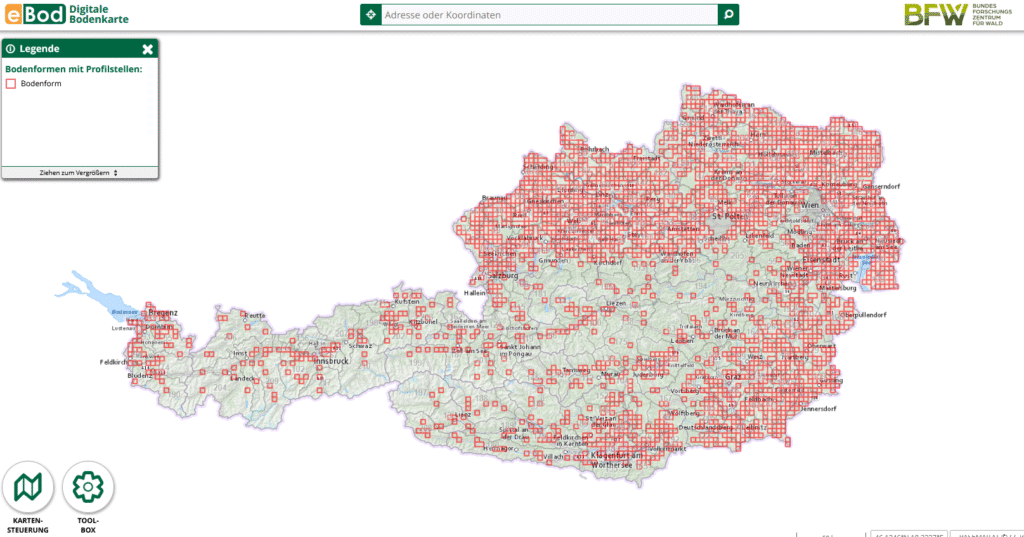 Auf diesem Bild ist Österreich mit dem Content der Bodenkarte ebod zu sehen.