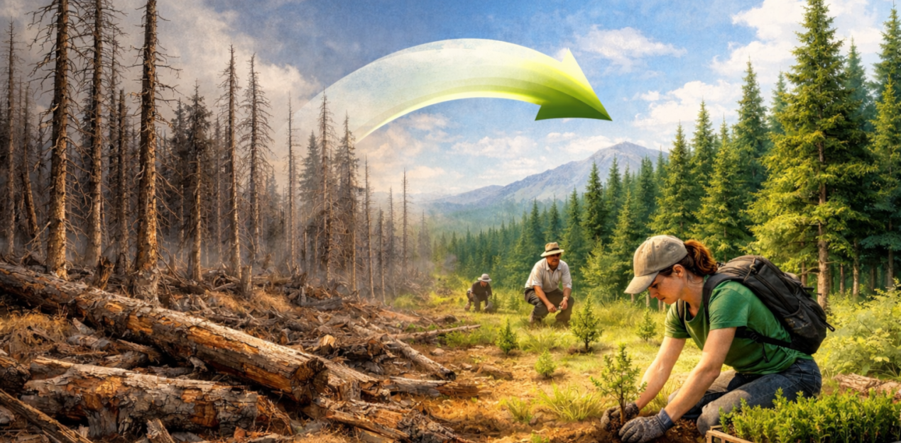 KI-generierte Grafik zeigt einen Übergang von zerstörtem Wald zu einem grünen Wald