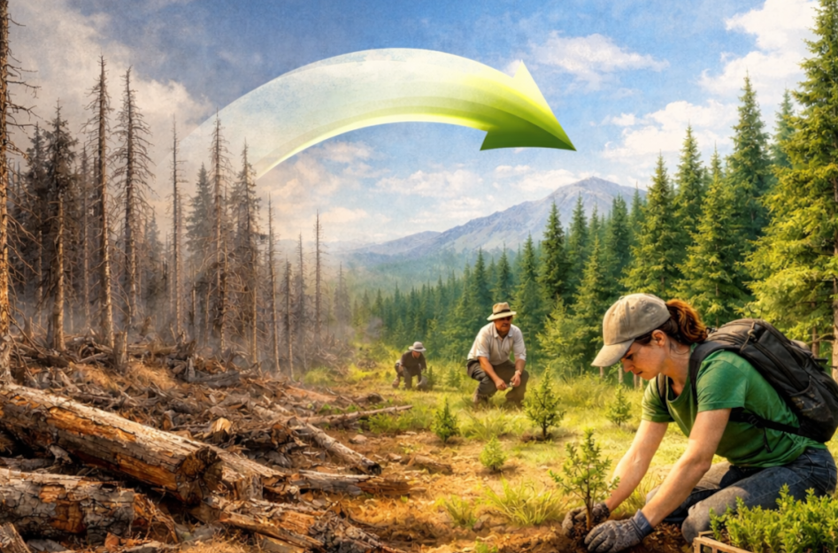 KI-generierte Grafik zeigt einen Übergang von zerstörtem Wald zu einem grünen Wald