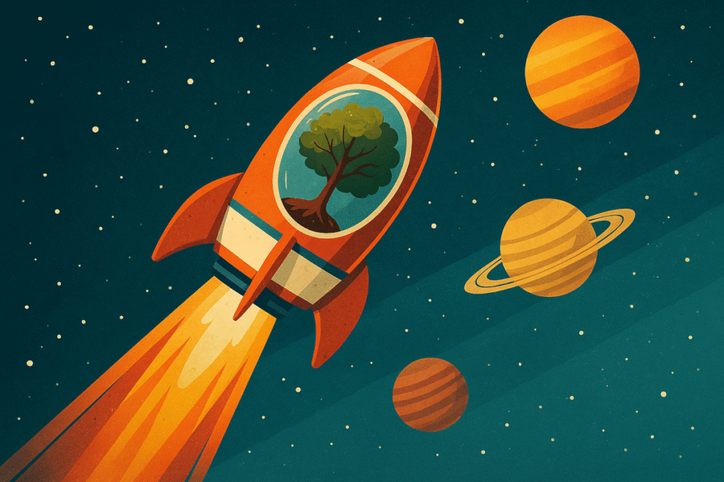Grafik, die eine rot-orangene Rakete zeigt, die in das Weltall fliegt. Im Inneren der Rakete ist ein Baum zu sehen, im Hintergrudn 3 Planeten.