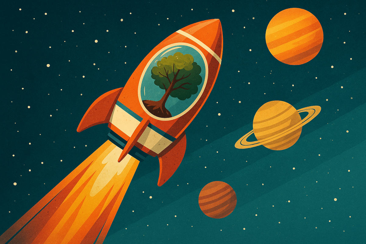 Grafik, die eine rot-orangene Rakete zeigt, die in das Weltall fliegt. Im Inneren der Rakete ist ein Baum zu sehen, im Hintergrudn 3 Planeten.