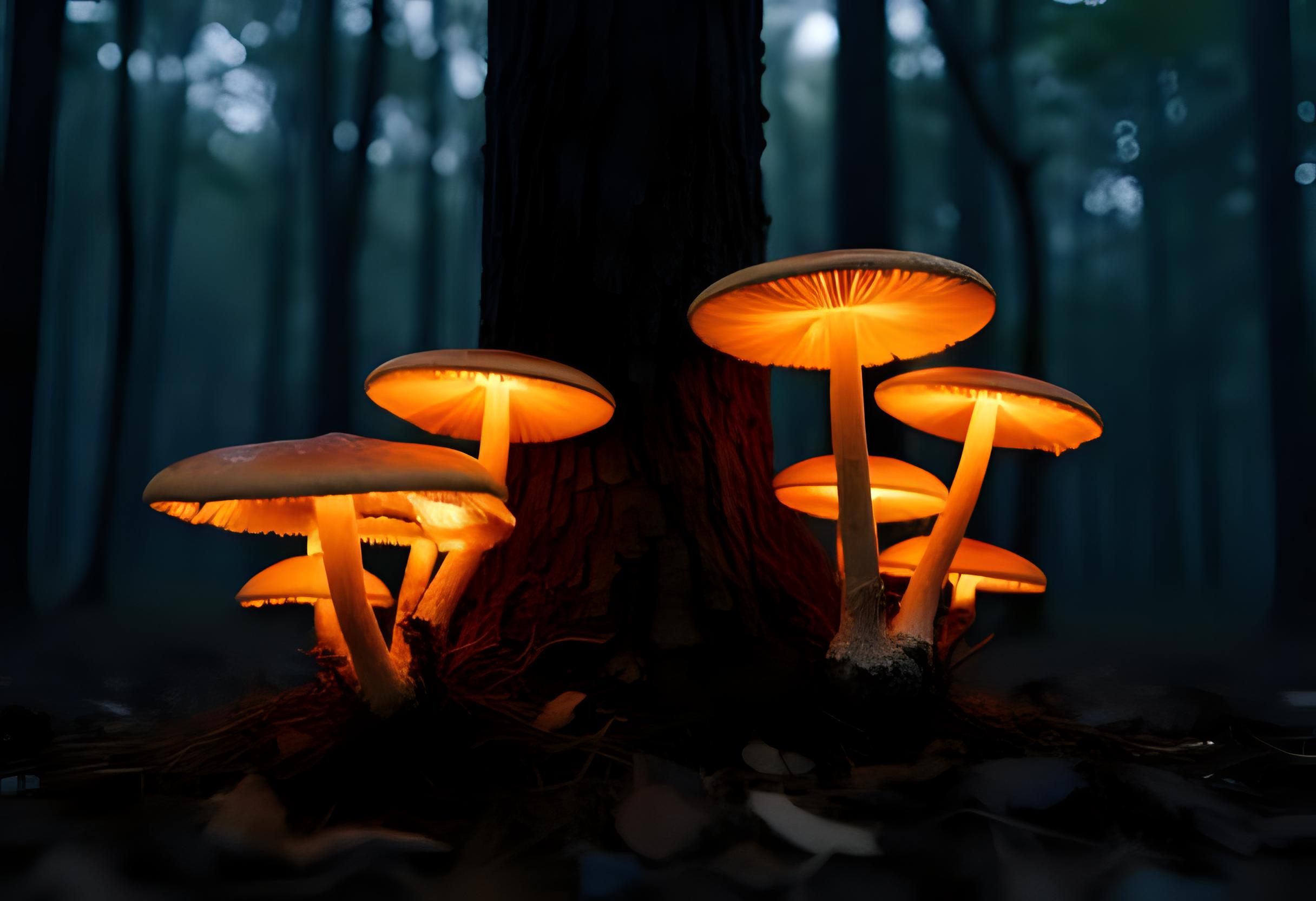 Mehrere Pilze sind aus der Froschpersepktive zu sehen, die leuchtend in einem dunklen Wald stehen