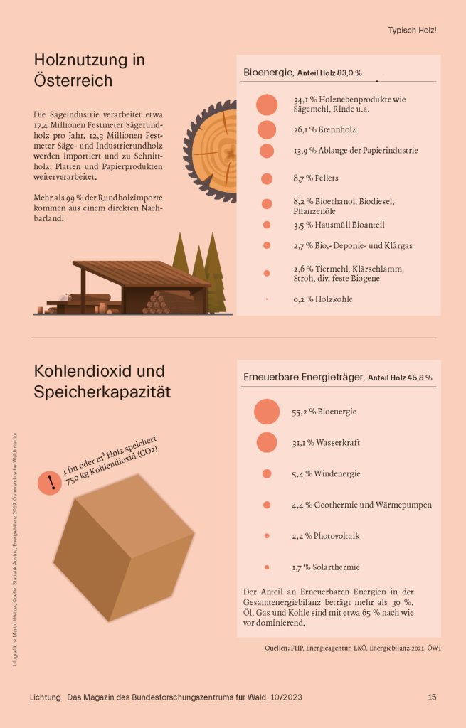 Grafiken, welche die Holznutzung in Österreich und die Speicherkapazität von Kohlendioxid anzeigen