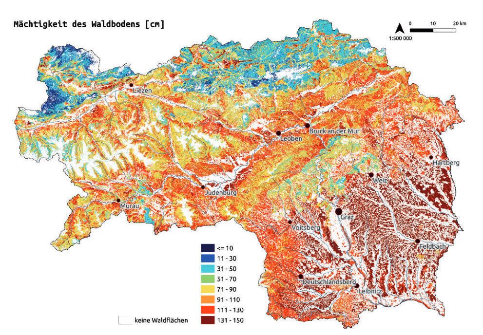 Eine digitale Karte, welche die Mächtigkeit des Waldbodens graphisch darstellt.