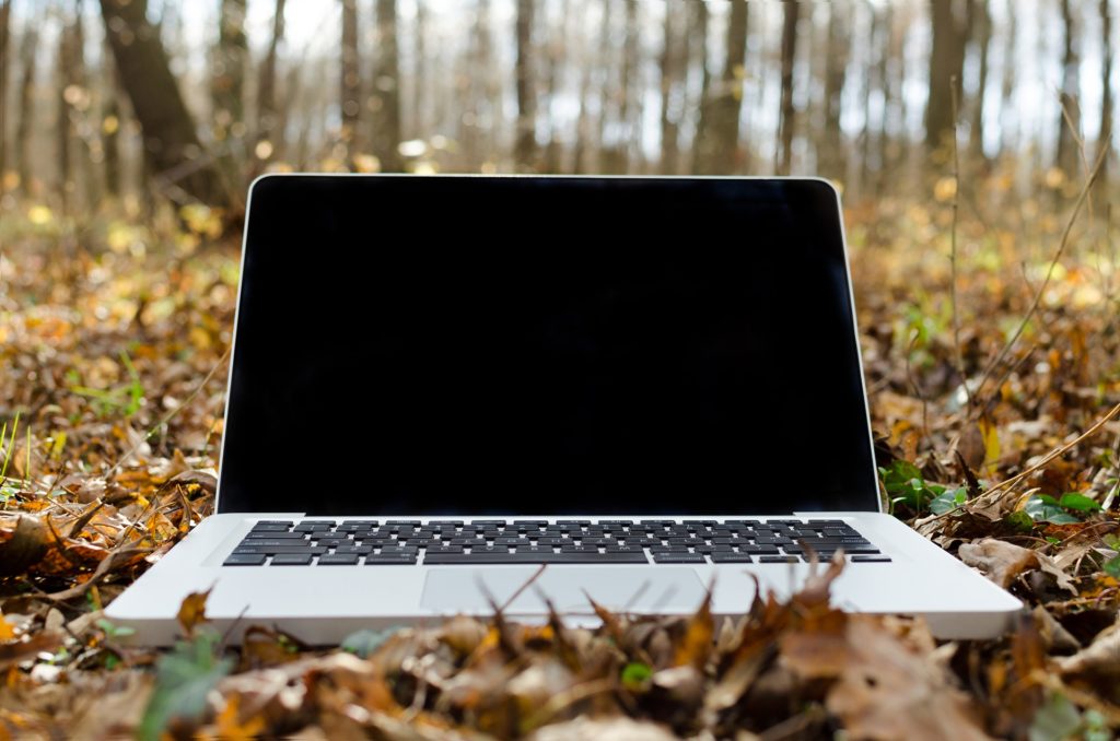 Aufgeklappter Laptop am Waldboden mit schwarzem Screen