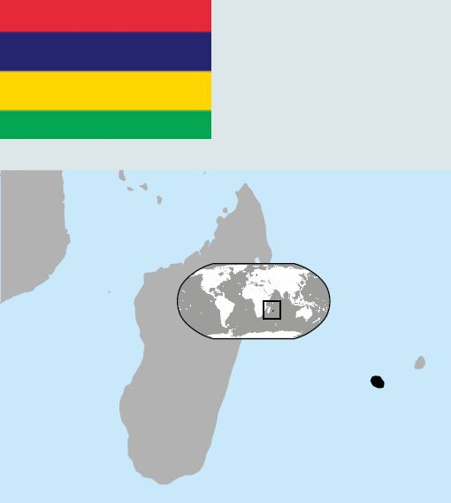 Landkarte mit Position von Mauritius auf der Weltkarte sowie die Flagge des Landes