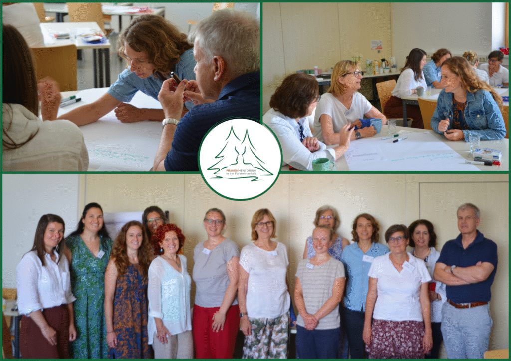 3 Bilder sind zu sehen. Zwei Bilder zeigem eine Arbeitssituation und Gesprächsperson von Personen die ein Plakat beschriften und darüber diskutieren. Das dritte Bild zeigt 13 Personen, die für eine Gruppenbild zusammen stehen.