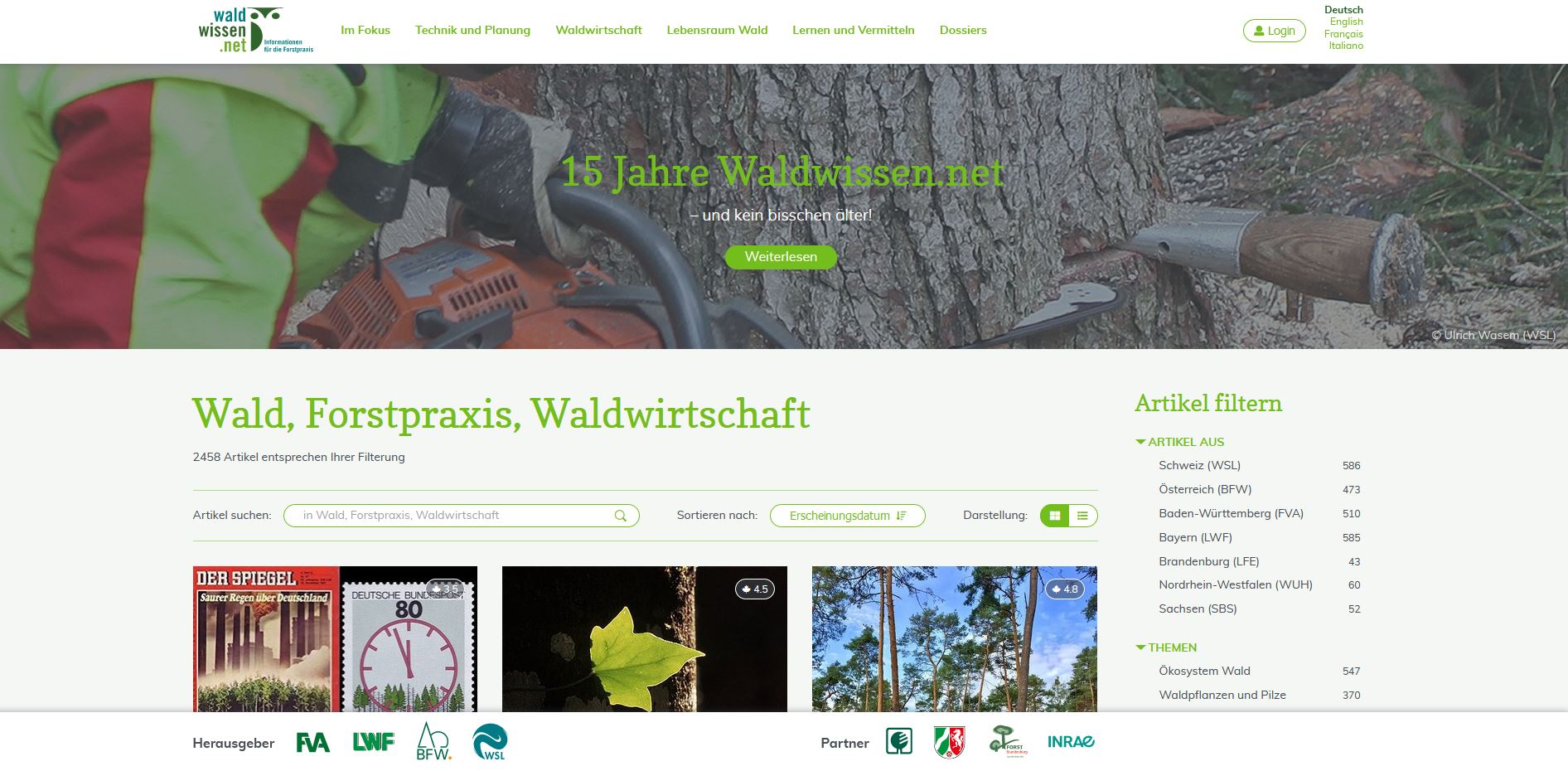 Startseite von waldwissen.net, oben großes Bild von Baum mit Motorsaege